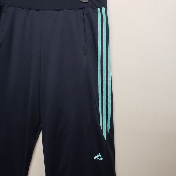 Adidas Wide Leg Pants Navy Blue w Teal Stripes Basketball Soccer Womens Large - Picture 2 of 9